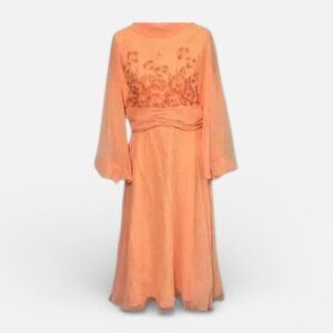 Vintage 1970s Peach Chiffon Floral Appliqué Maxi Dress Sheer Sleeves